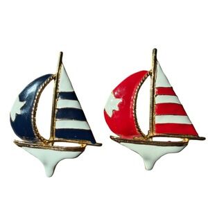 Nautical Sailboat Enamel Brooch Set‎ Red Navy Blue Gold Tone Yacht Pins 2pc